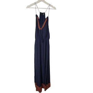 Navy Blue Sleeveless Maxi Dress Orange Embroidery Flowy Size Small THML Boho